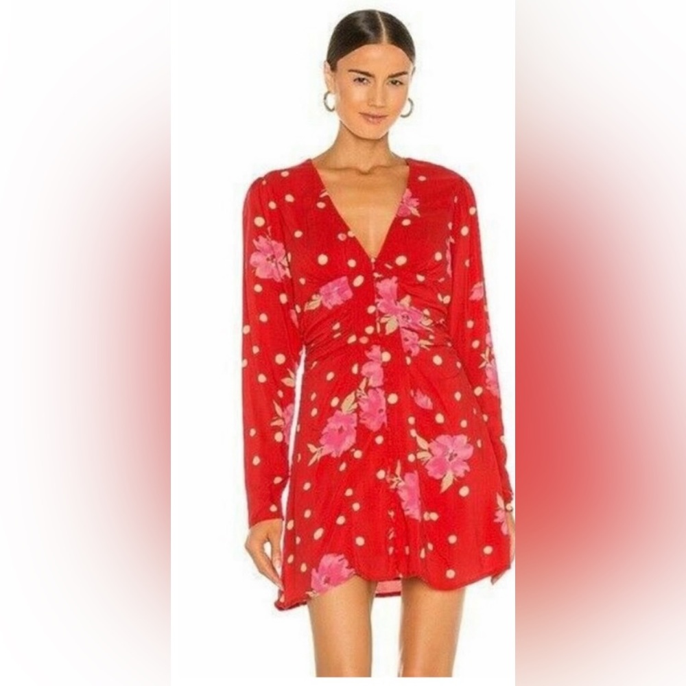 Free People long sleeve red mini dress with flowers and cream polka dots